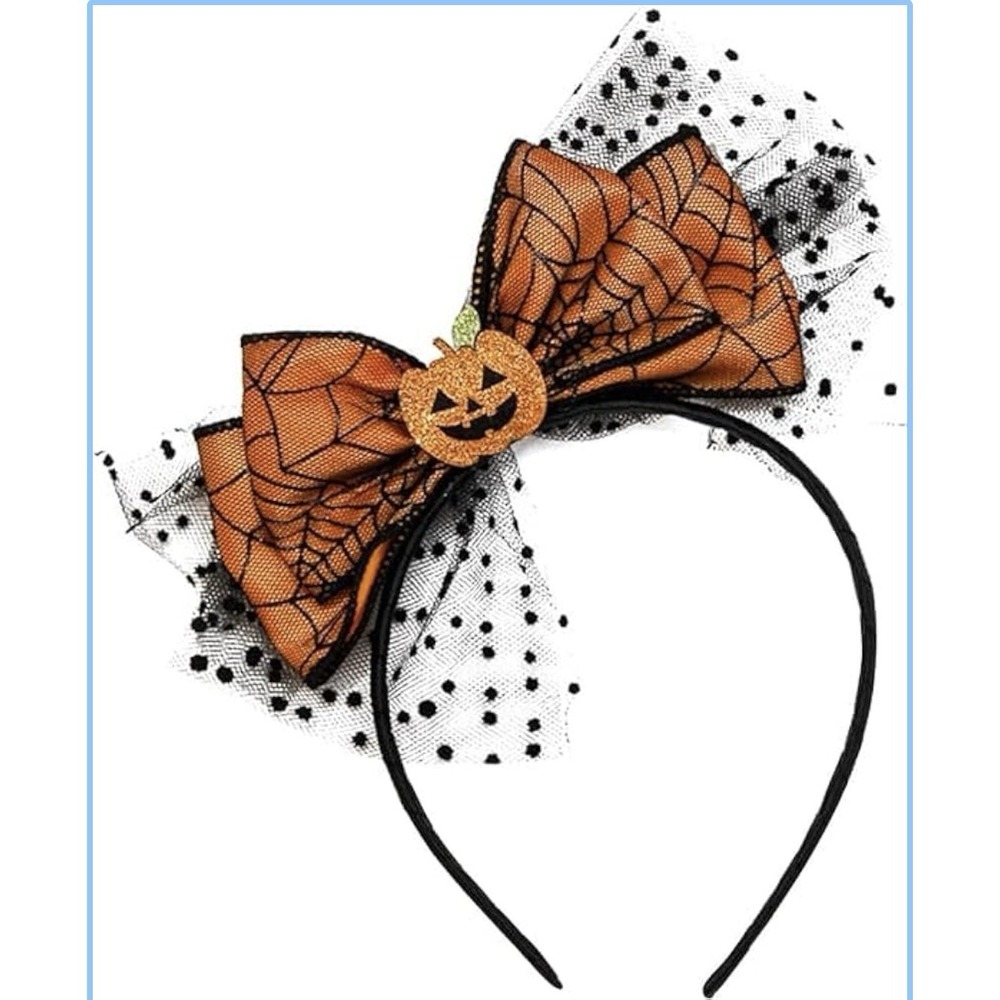 Halloween Pumpkin Spiderweb Bow Headband Orange Black Tulle Jack-o-Lantern Kids
